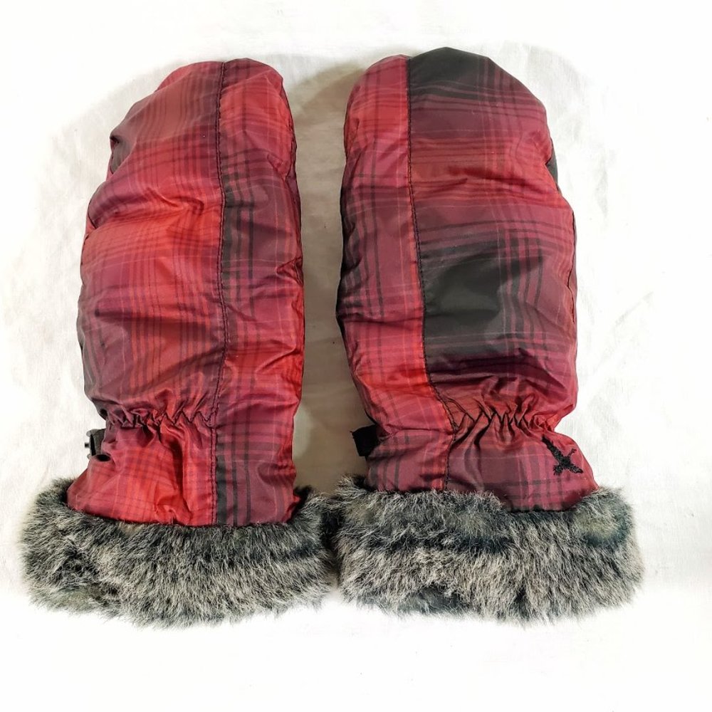 Eddie Bauer Lodge Down Mittens Medium Red and Black Plaid w Faux Fur Trim